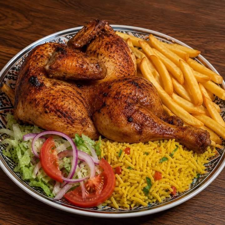 Plat de poulet rôti avec frites Bayonne